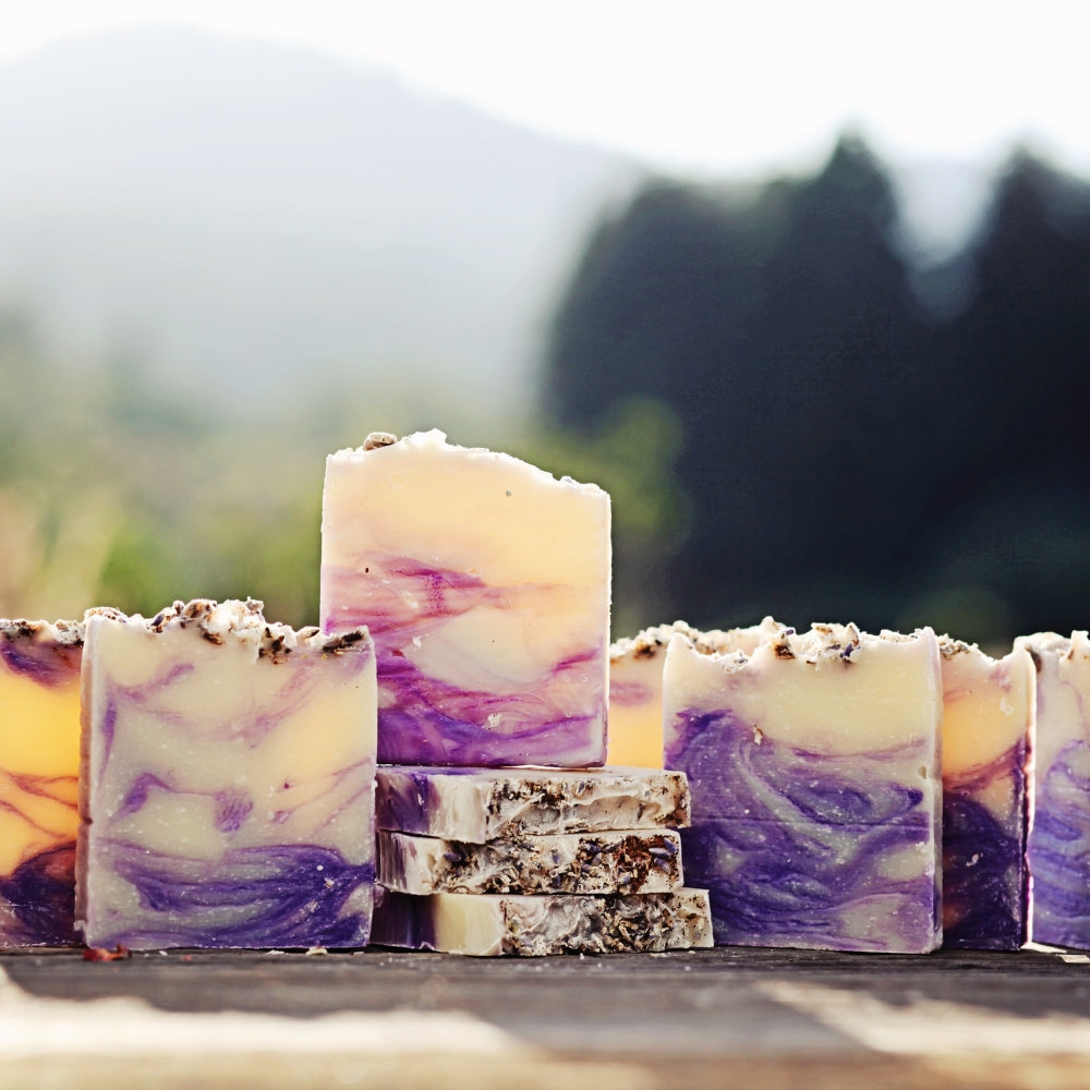 Handmade bar soaps on a table