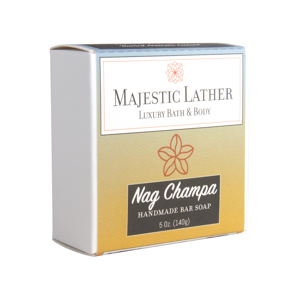 
                      
                        Majestic Lather Nag Champa Handmade Bar Soap Close Up Box
                      
                    